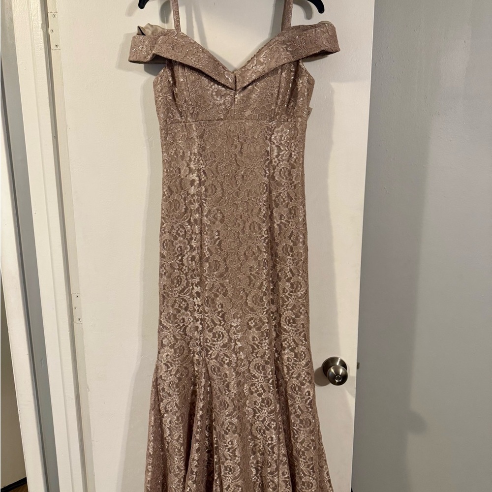 R&M Richards Strapless Lace Dress in Tan